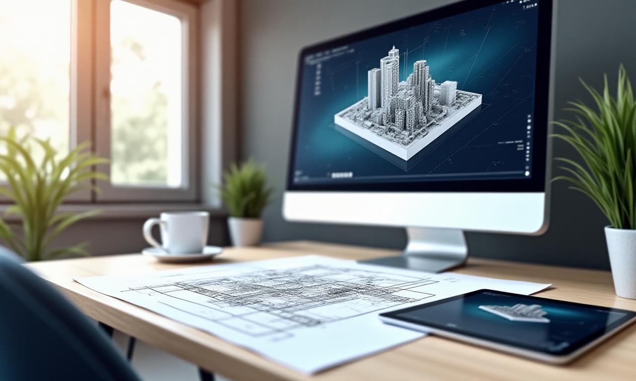 Modern architectural workspace with blueprints and digital tablets