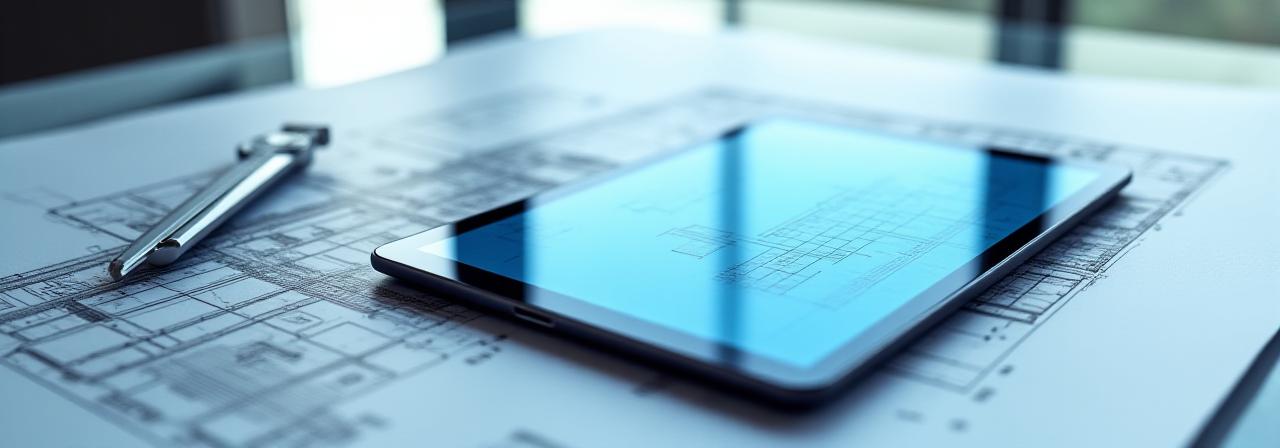 Architectural drafting table with digital tablet showing legal blueprints